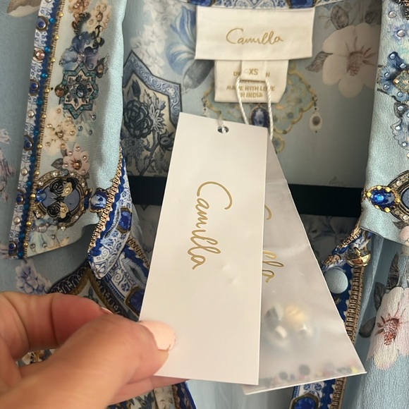 NWT Camilla Floral Silk Tiered Midi Shirtdress Size XS crystals blue - Picture 15 of 15